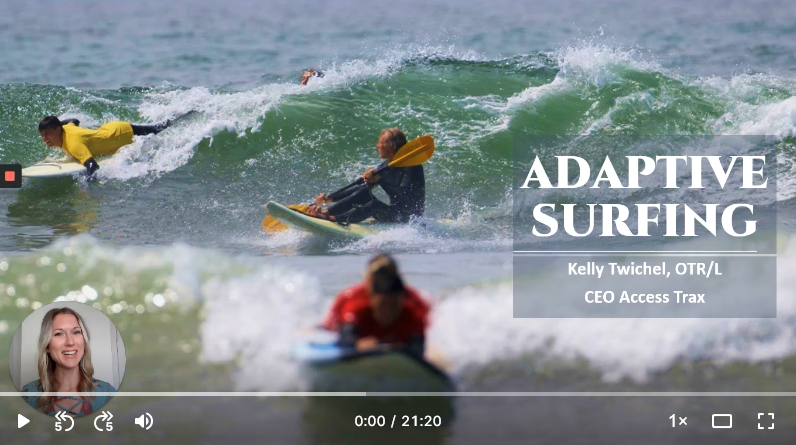 Image shows adaptive surfers in the water on a waveski, and surfing laying down on the board with the title "Adaptive Surfing"