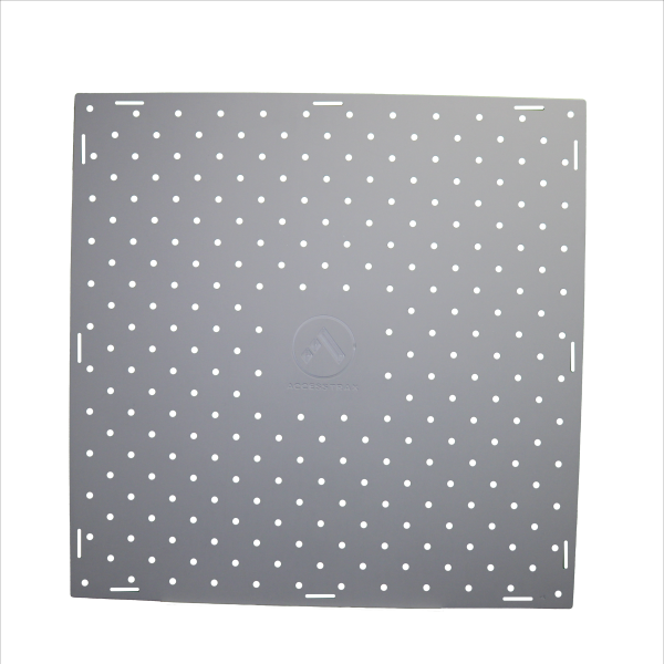 Photo of a square, grey Access Trax mat with a white background. The mat has over 100 small holes in an organized pattern and (3) small rectangular hinge slits on all 4 sides. In the center is an etched logo and "Access Trax"