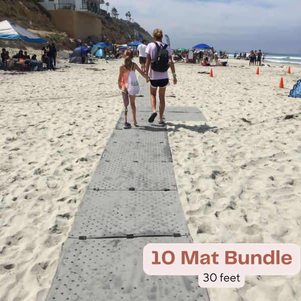 A mom and daughter who uses a prosthetic leg walk on the grey Access Trax path at the beach. Text overlay reads "10 mat bundle - 30 feet).