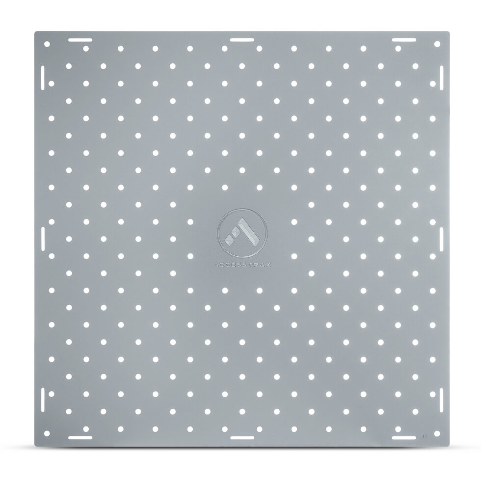 Photo of a grey square, flat access mat with small 1/2 holes throughout. The center has the Access Trax Logo.